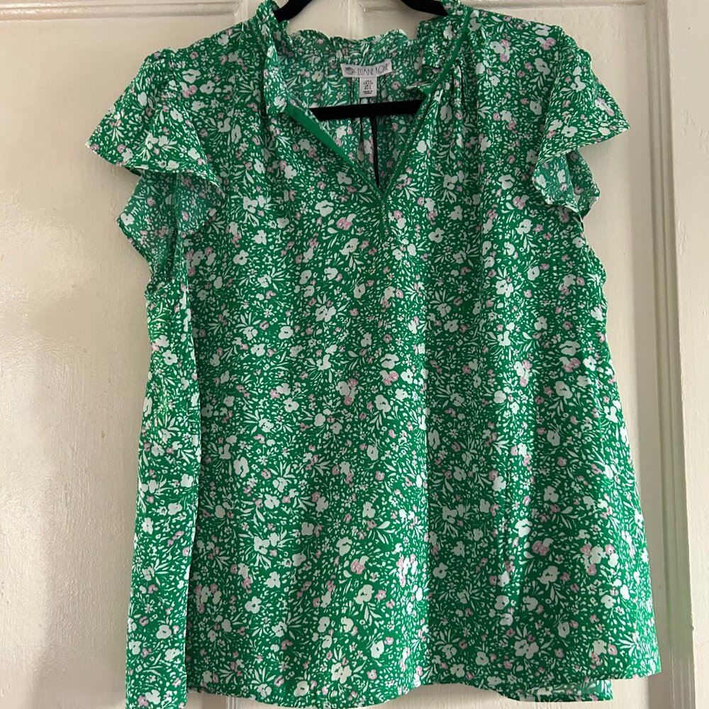 Eliane Rose Green Floral Flutter Sleeve Top - Size Large - NWT
